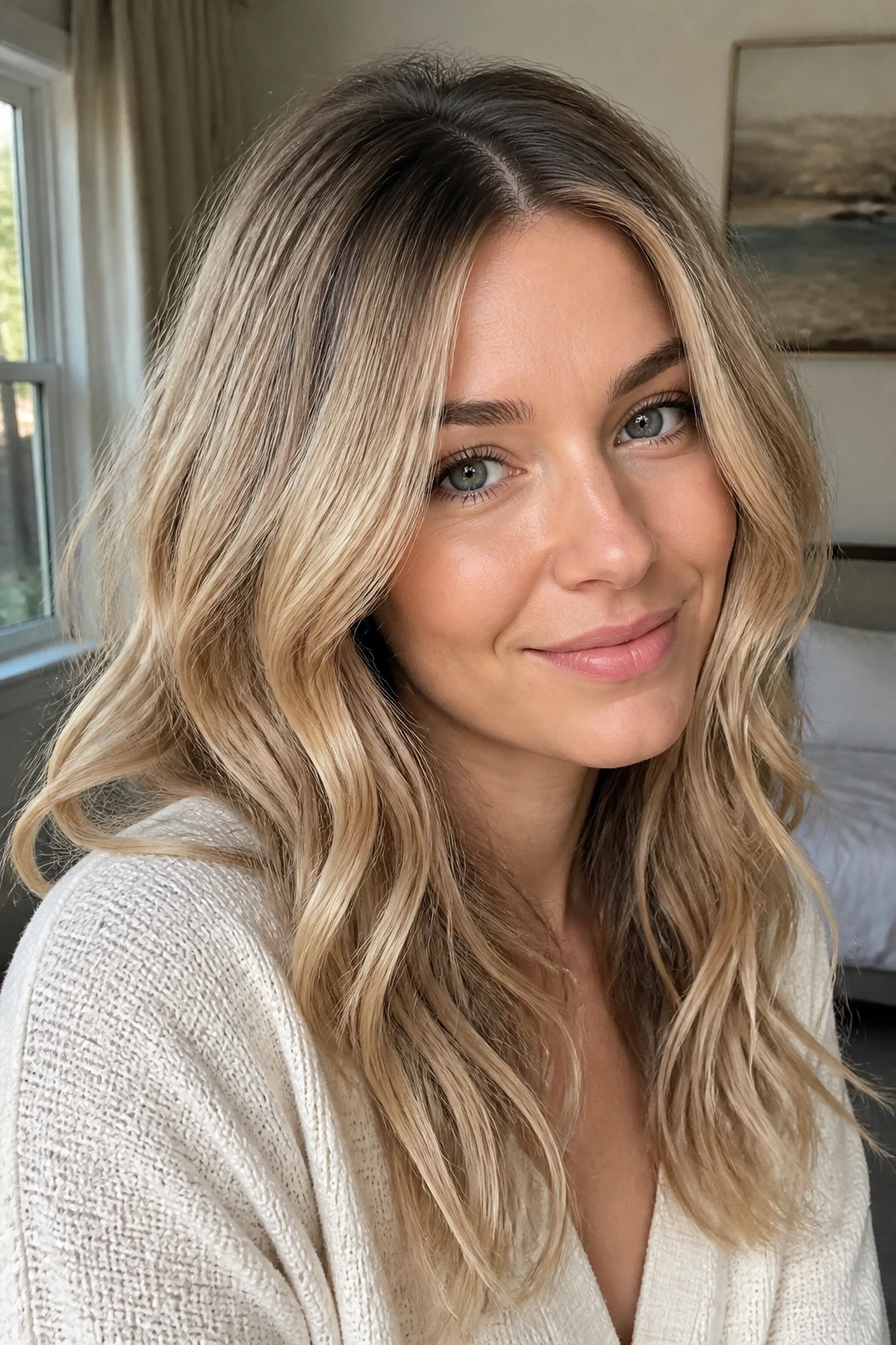 Close-up portrait of a real woman with subtle root shadow and dimensional blonde hair in natural light