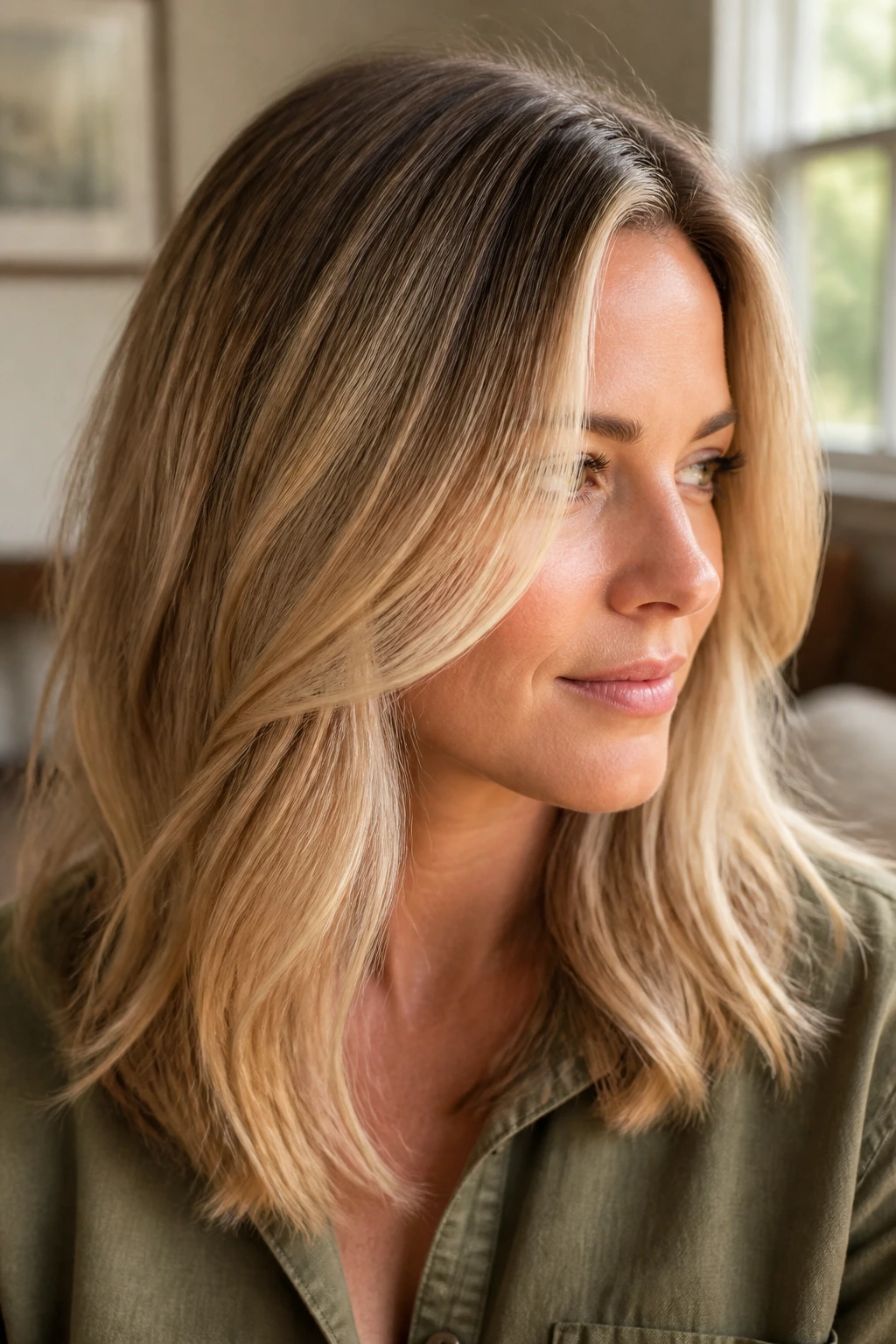 Close-up portrait of a real woman with natural blonde roots blending into soft beige blonde