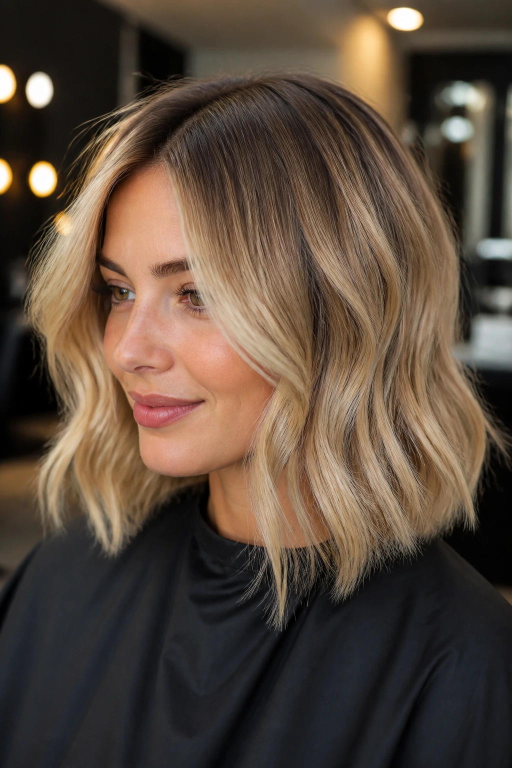 Portrait of a real woman with warm-toned blonde hair and root shadow in a salon setting