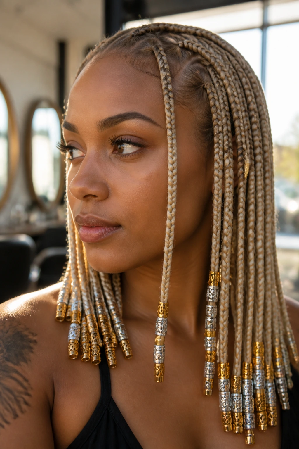 Close-up portrait of blonde-haired woman with beads showing warm and cool bead finishes