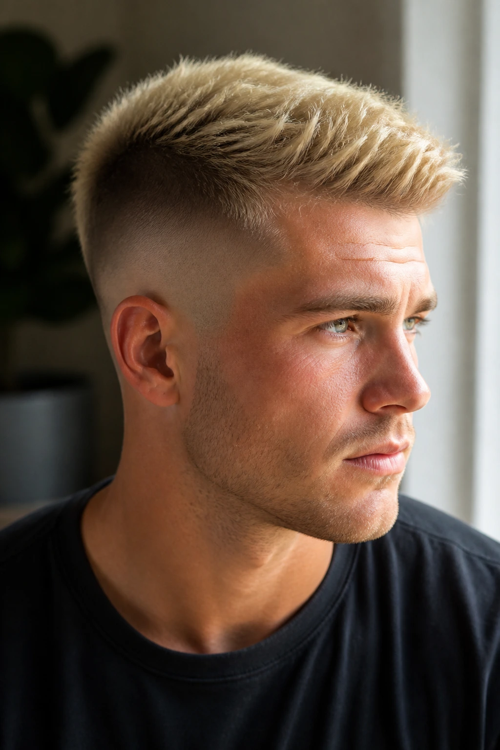 Portrait showing a blonde shade and fade height on a real person