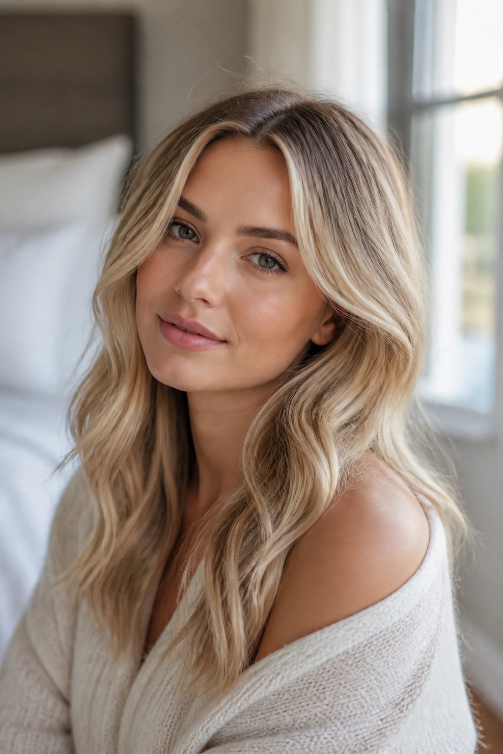 Portrait of woman with clean blonde shade and soft waves