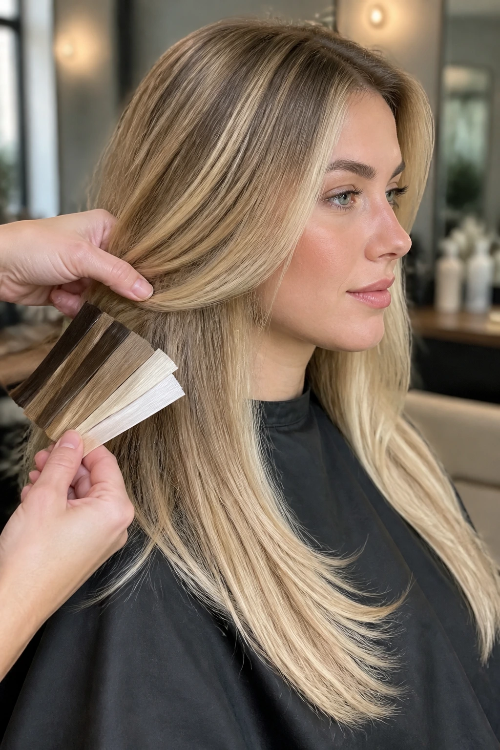 Portrait of client with shade selection using color swatches in a salon.