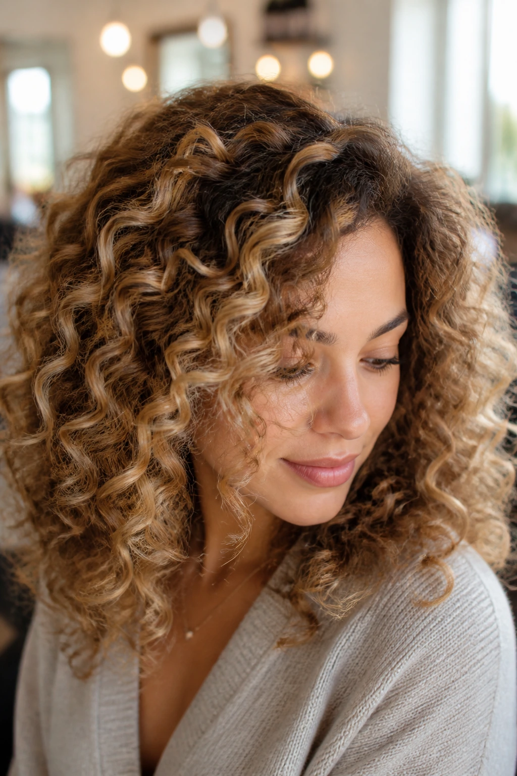 Close-up of a real woman with curly hair showing multidimensional blonde shades