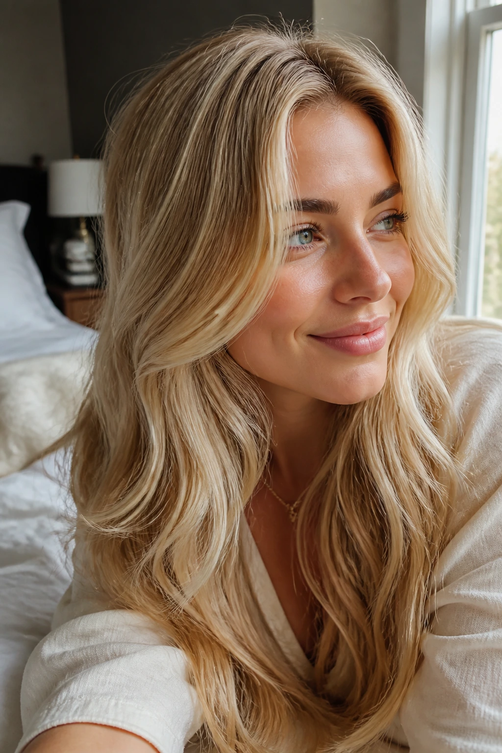 Close-up of a real woman with beige to oatmilk blonde hair in soft window light