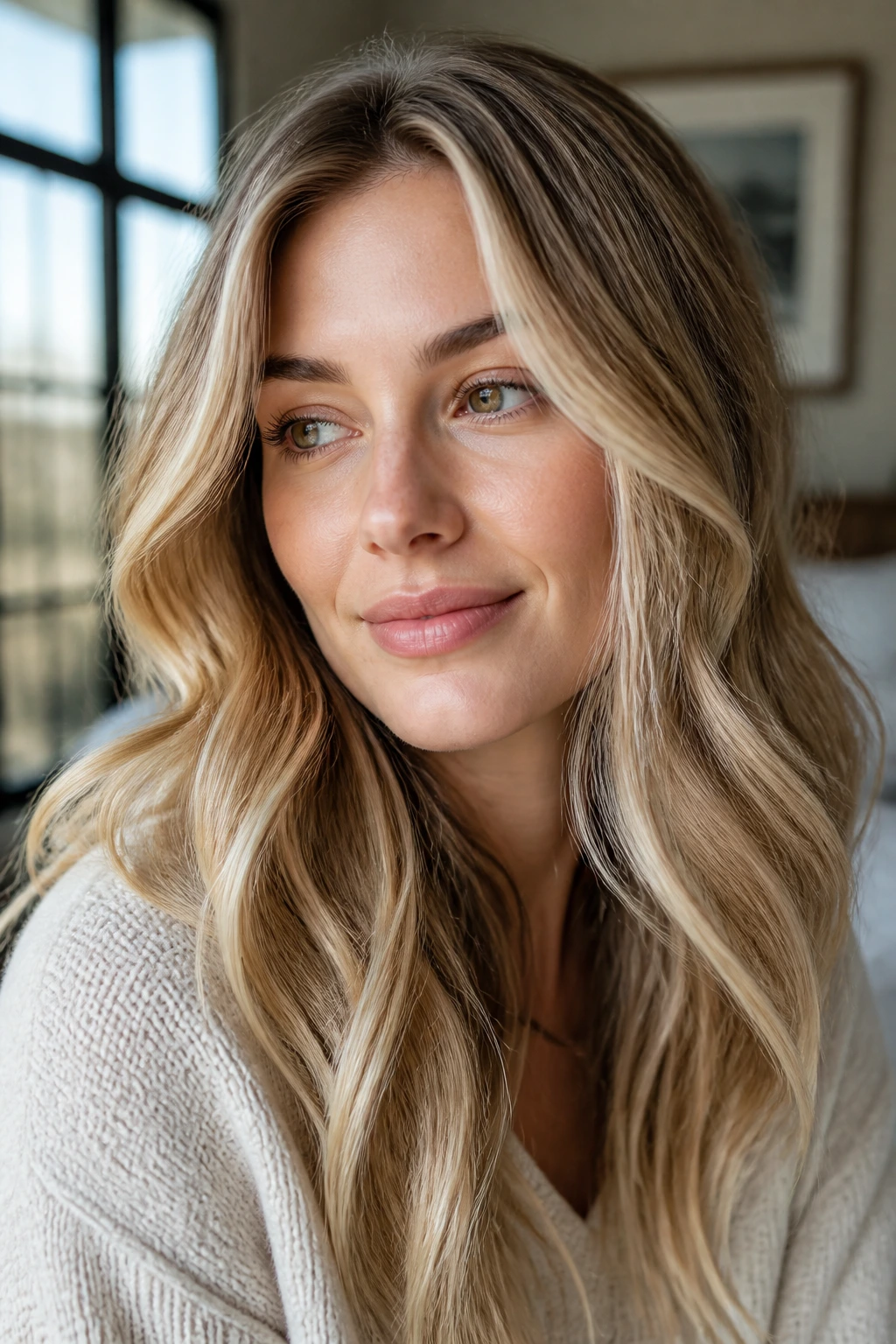 Close-up portrait of a woman with multidimensional blonde shades in soft window light