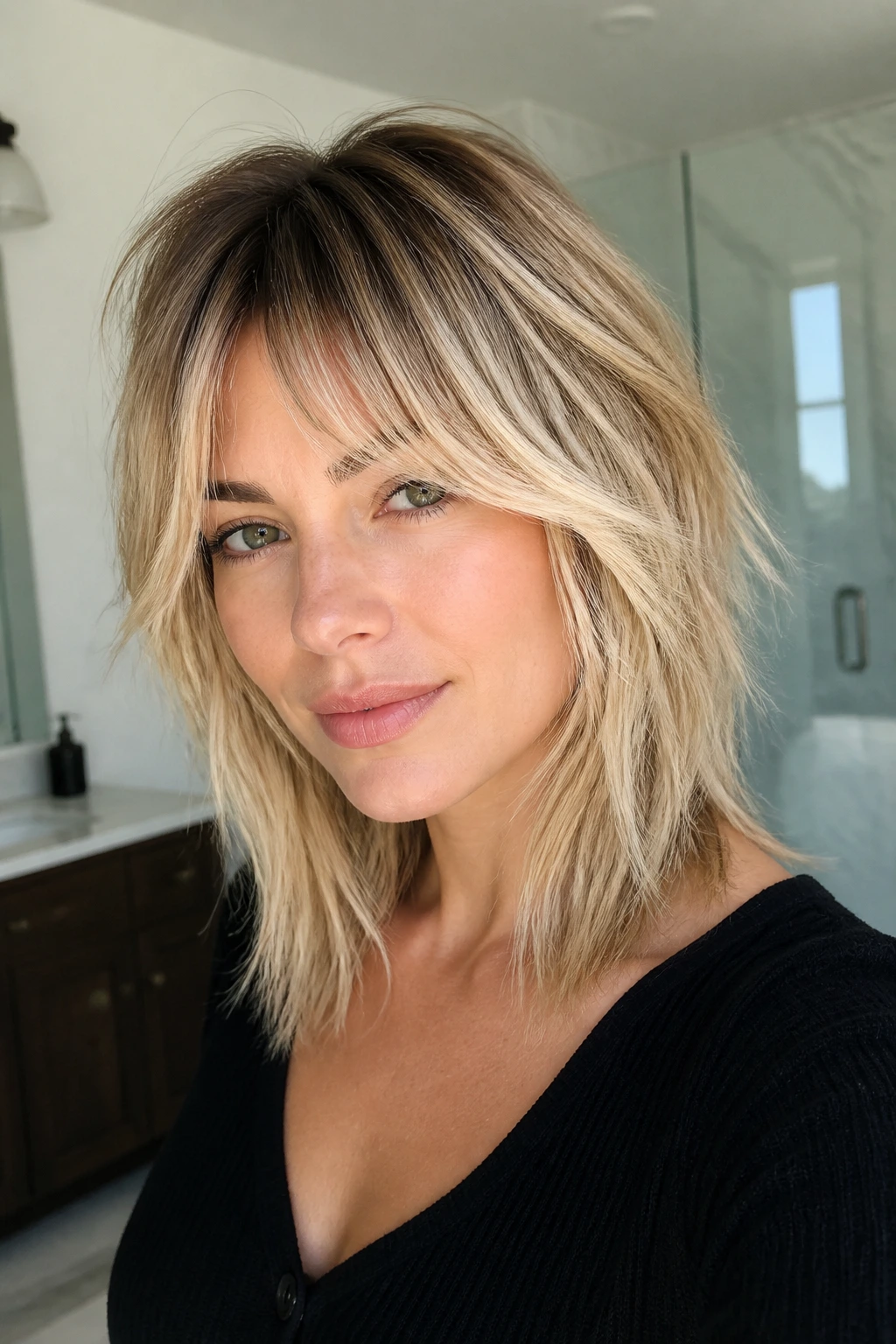 Portrait of a real woman with blonde shag and shadow root