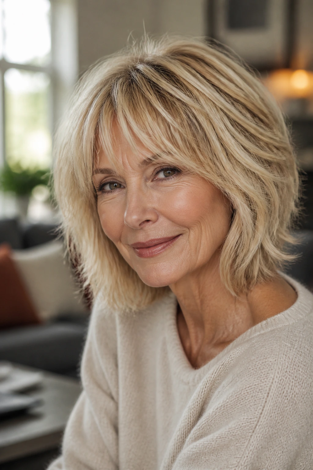 Close-up portrait of an older woman with a blonde shaggy bob, soft layers framing cheeks and jaw.