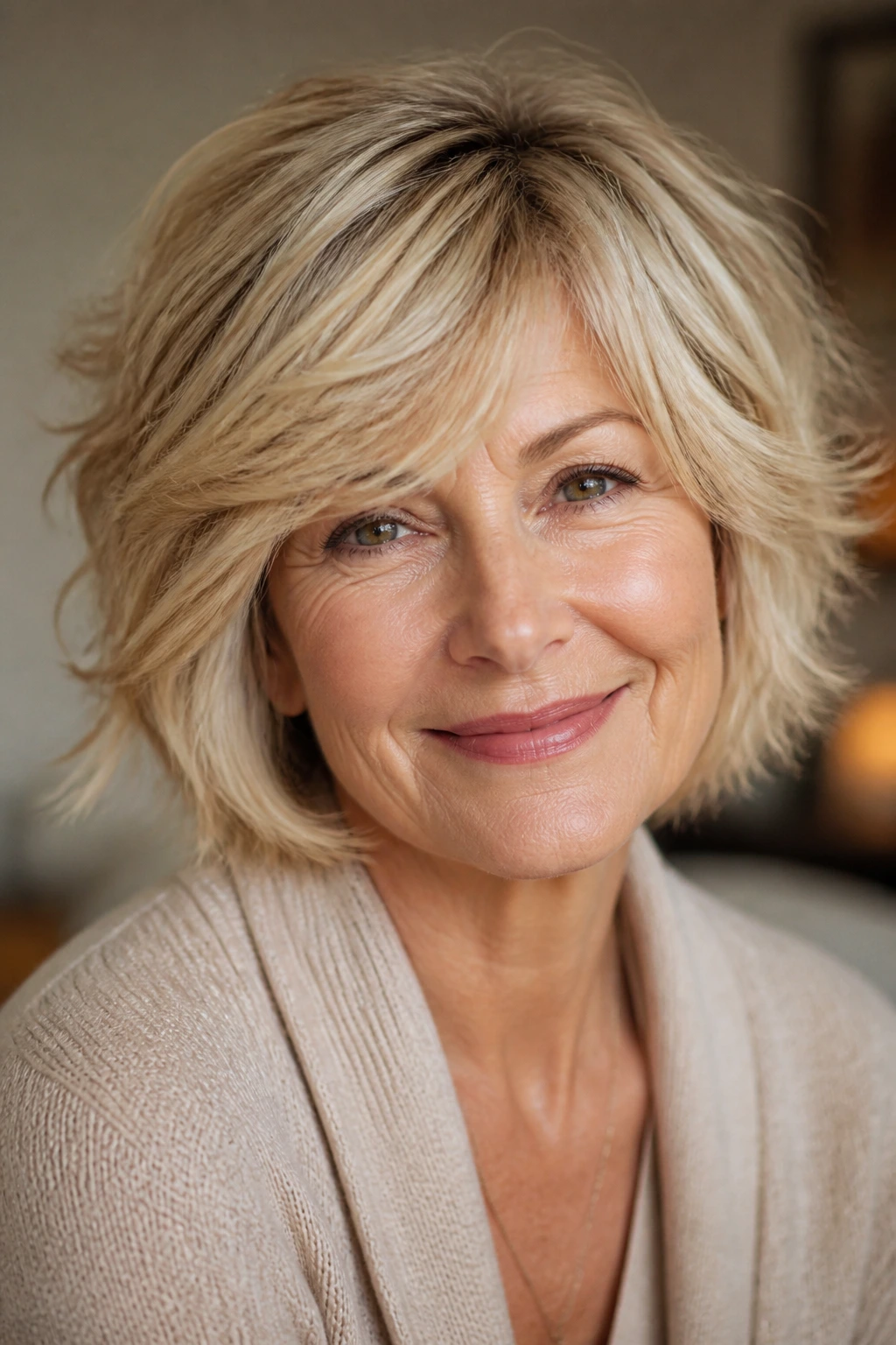 Portrait of an older woman with a blonde shaggy bob.