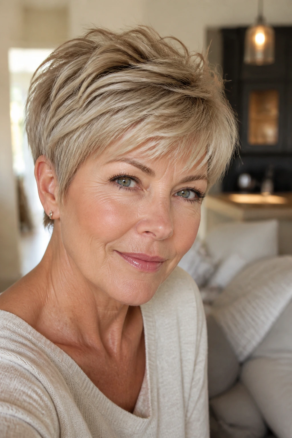 Close-up portrait of a real person with a soft beige pixie blonde that flatters a short cut