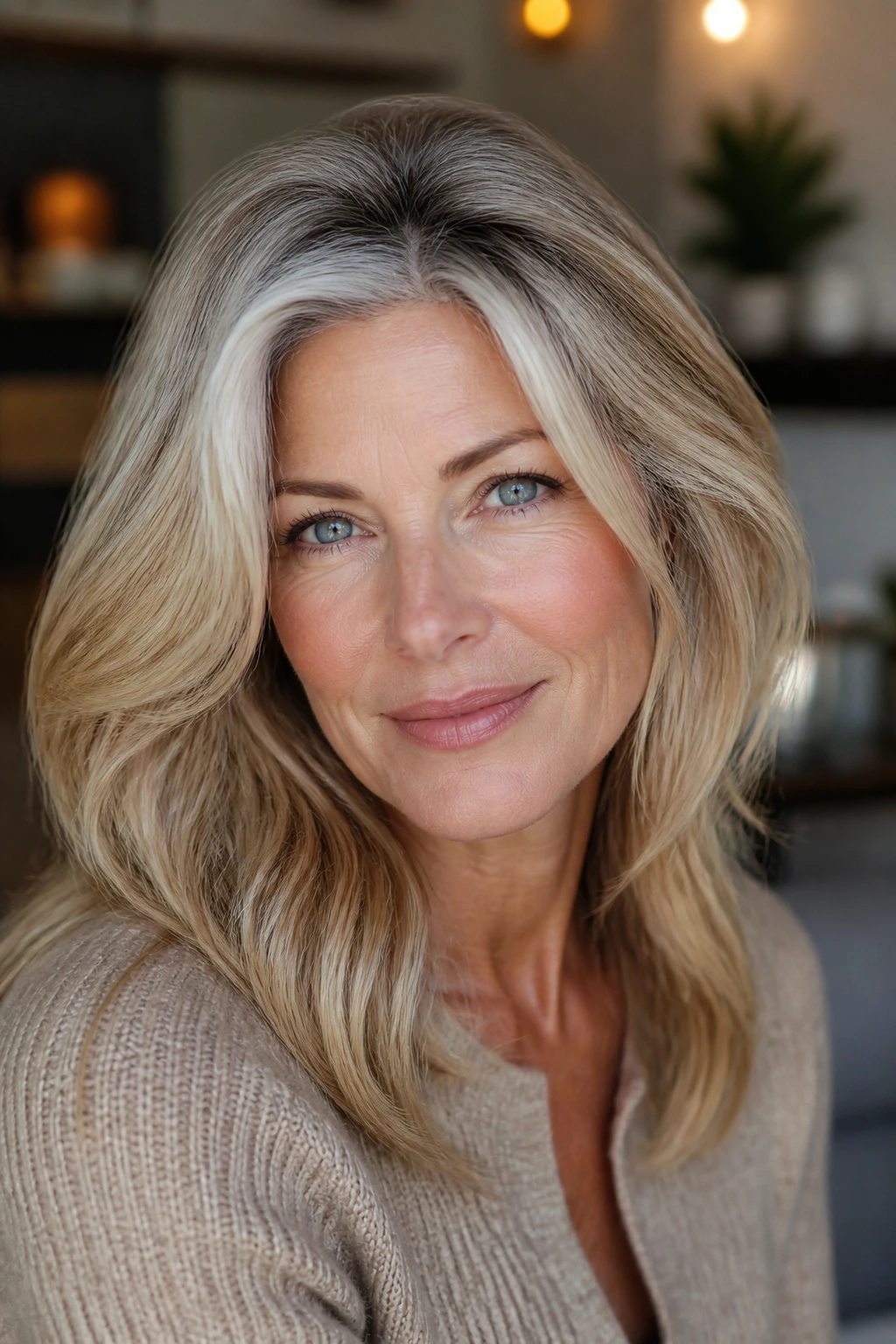 Close-up of a mature woman with beige-blonde tones and silver temples