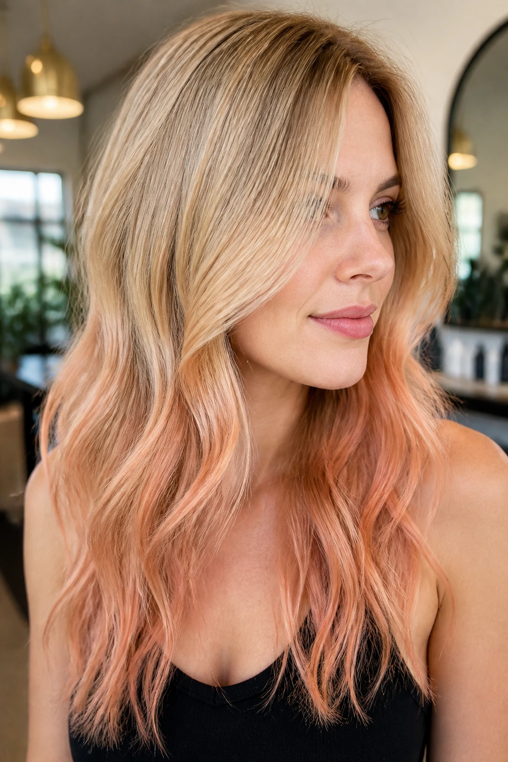 Medium close-up showing blonde-to-strawberry refresh on a real person in a sunlit salon