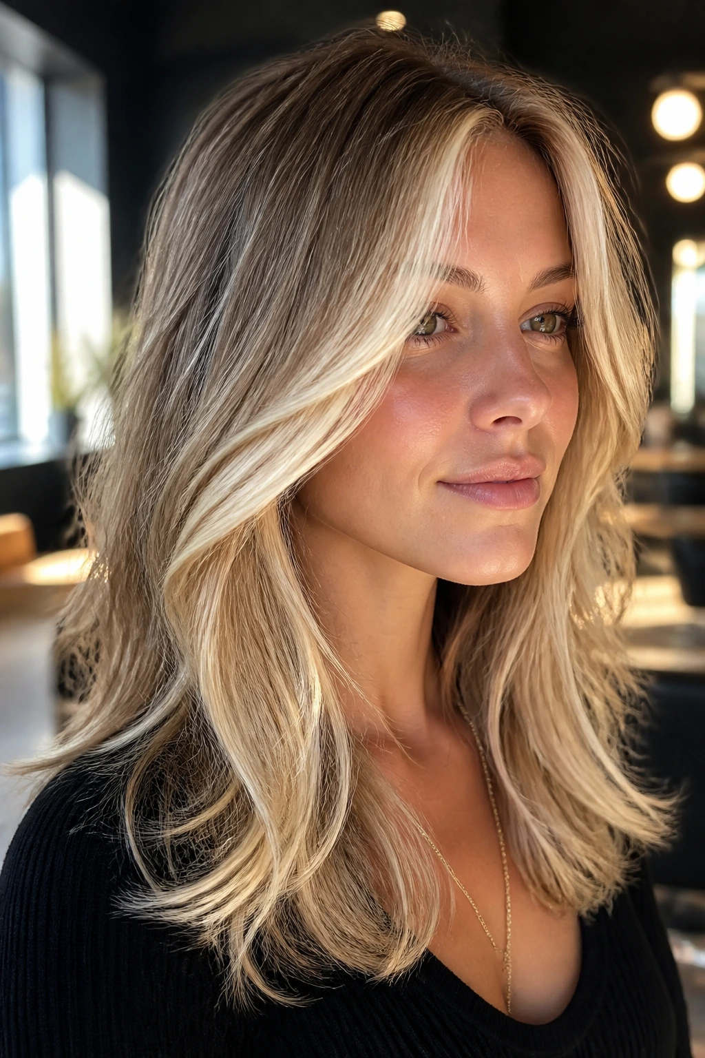 Close-up of a real woman with sun-kissed blonde layered hair brightening around the face