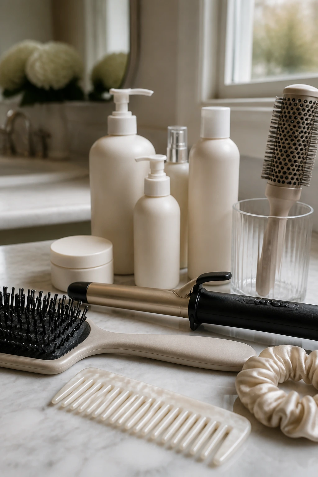 Close-up of blonde styling tools and color-safe products on a vanity