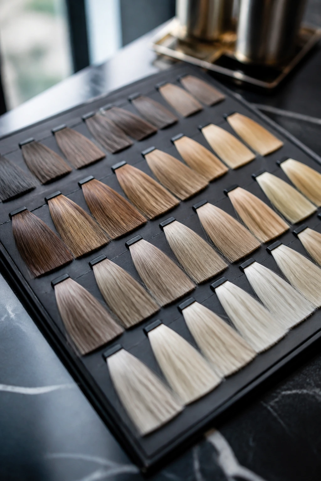 Close-up of blonde color swatches on a salon color board showing beige to platinum tones