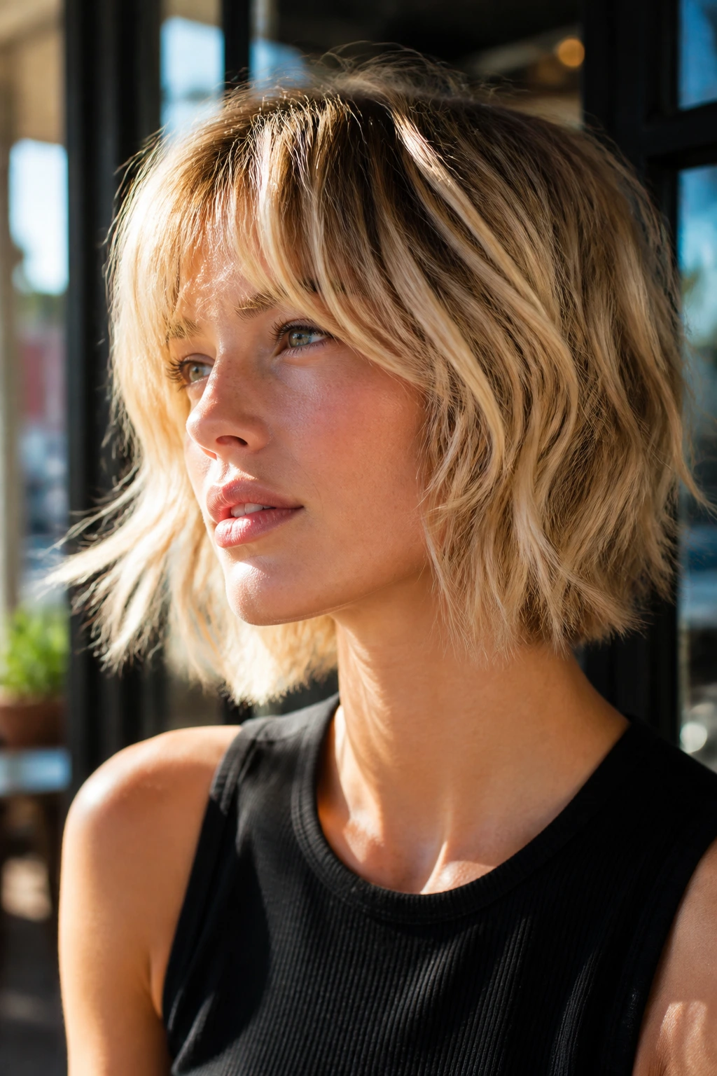 Portrait of a real woman with blonde textured hair catching light