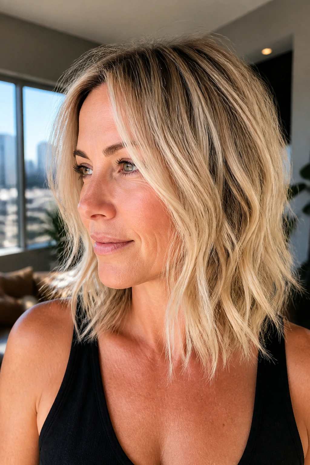 Close-up of a real woman with root-shadowed blonde hair and textured ends