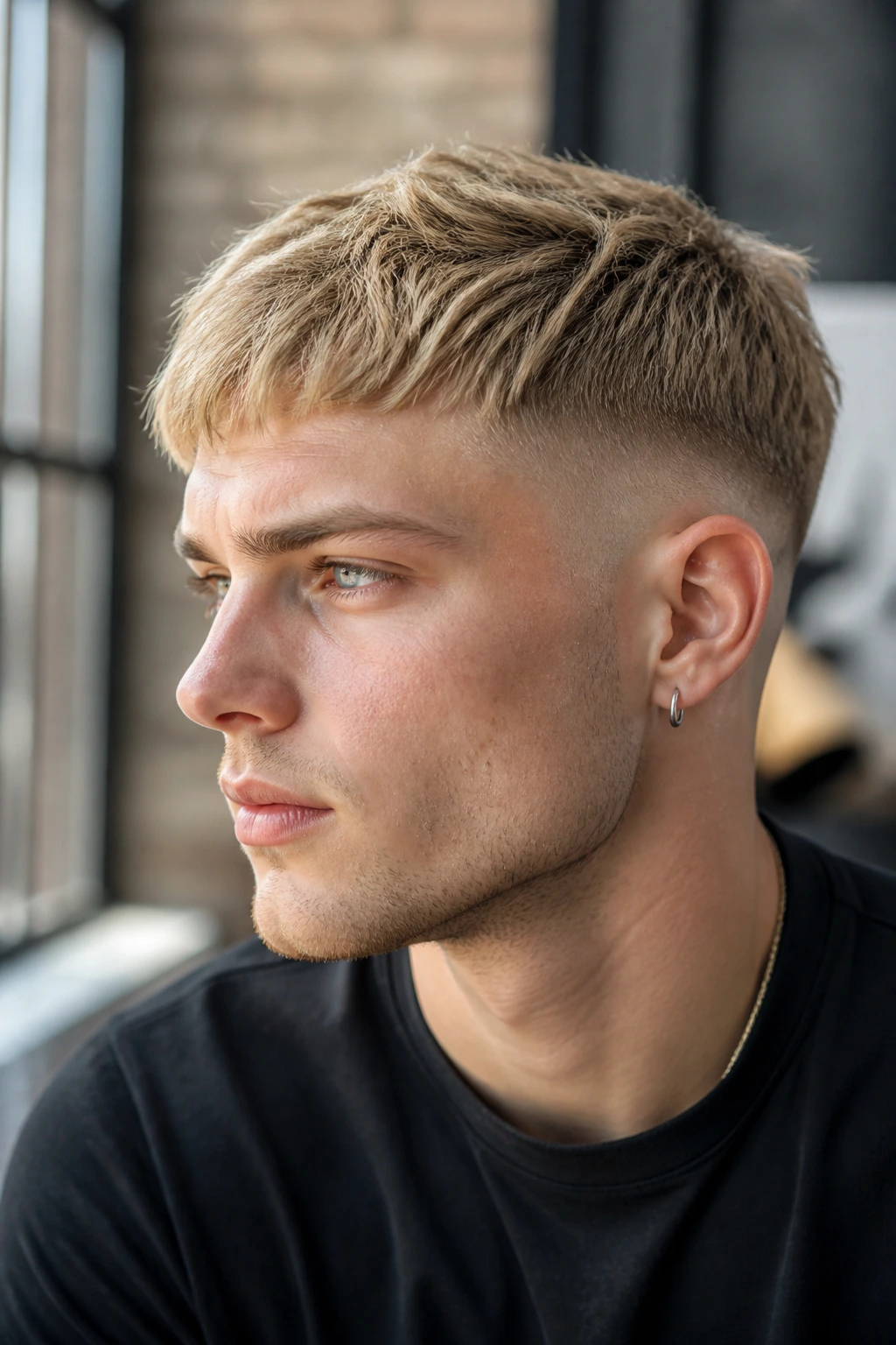 Man with blonde textured crop and drop fade.