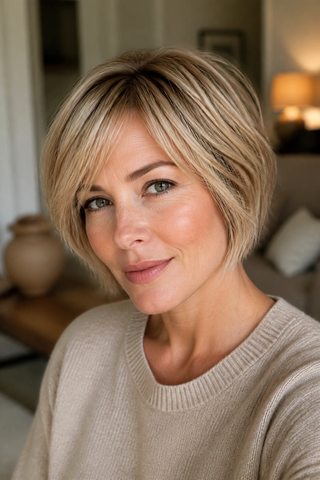 Real woman with short hair showing beige to champagne blonde tones and root depth