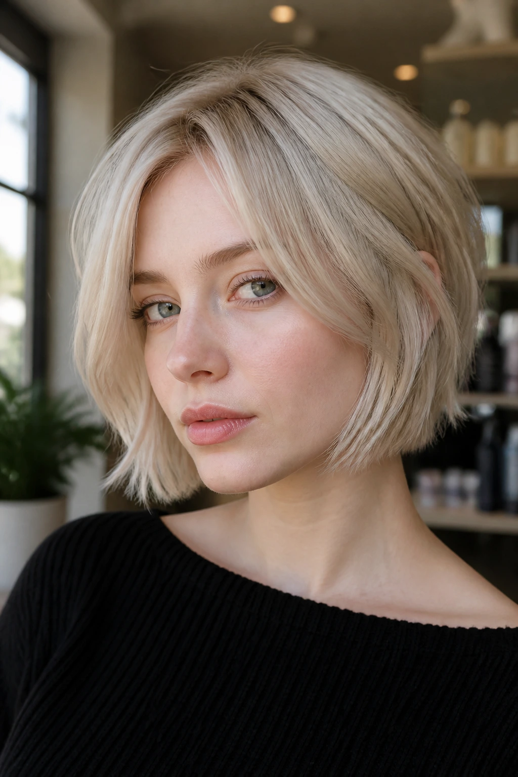 Close-up of pale-skinned person with warm beige-tinged blonde tones