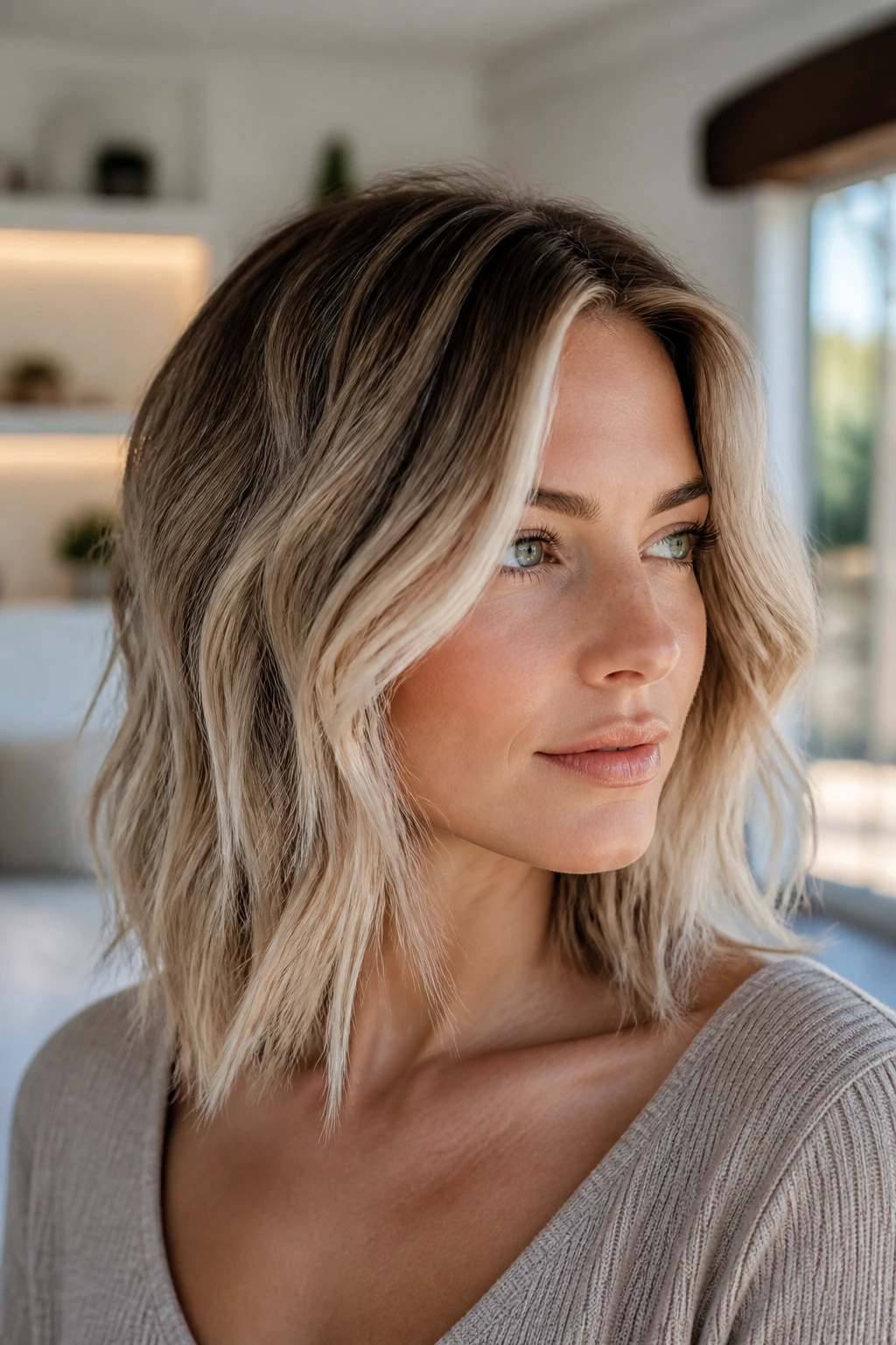 Portrait of a real woman with dimensional blonde tones and root shadow