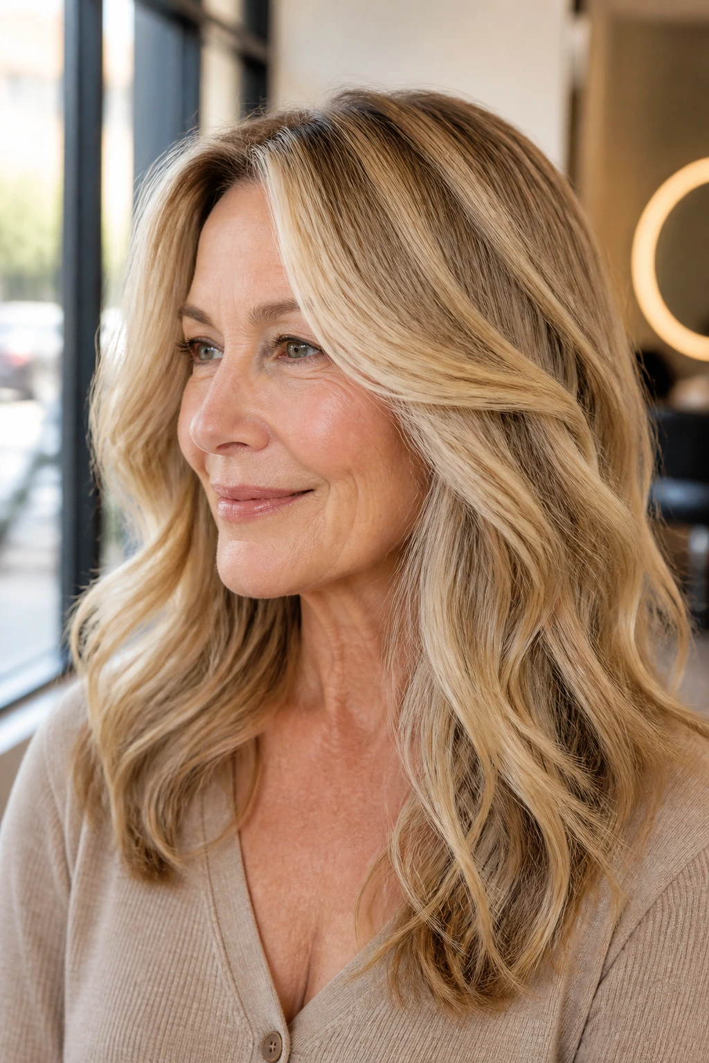 Medium close-up of a real woman with beige champagne honey blonde tones framing the face in a salon.