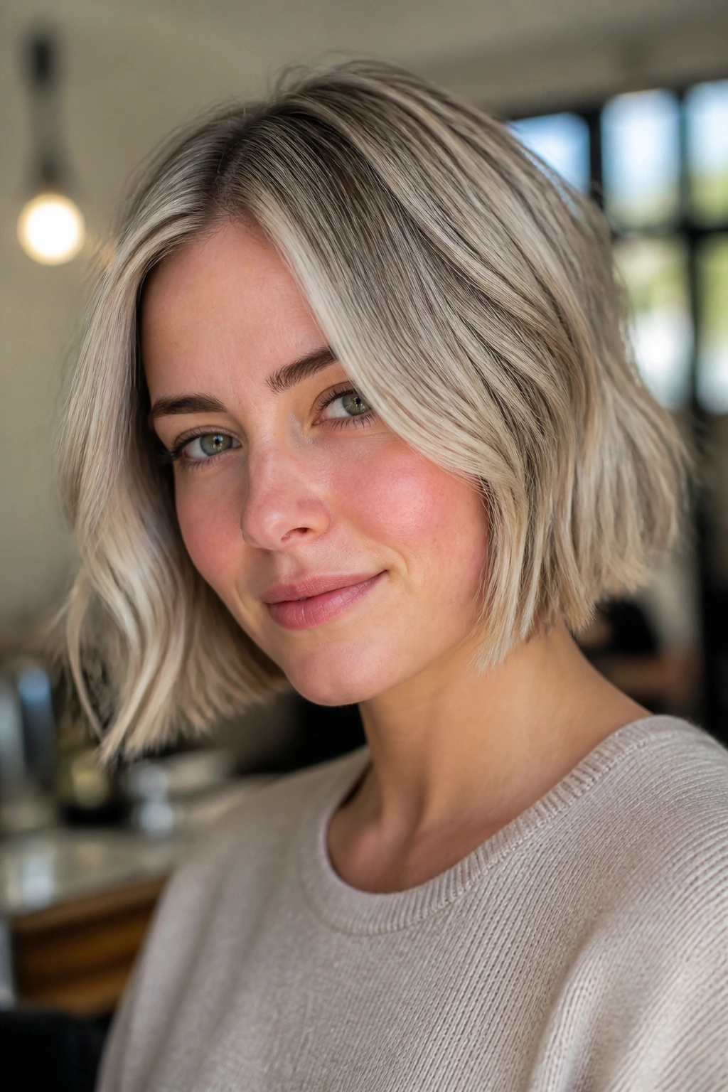 Close-up portrait of a real woman with a short blonde bob and cool money piece tones.