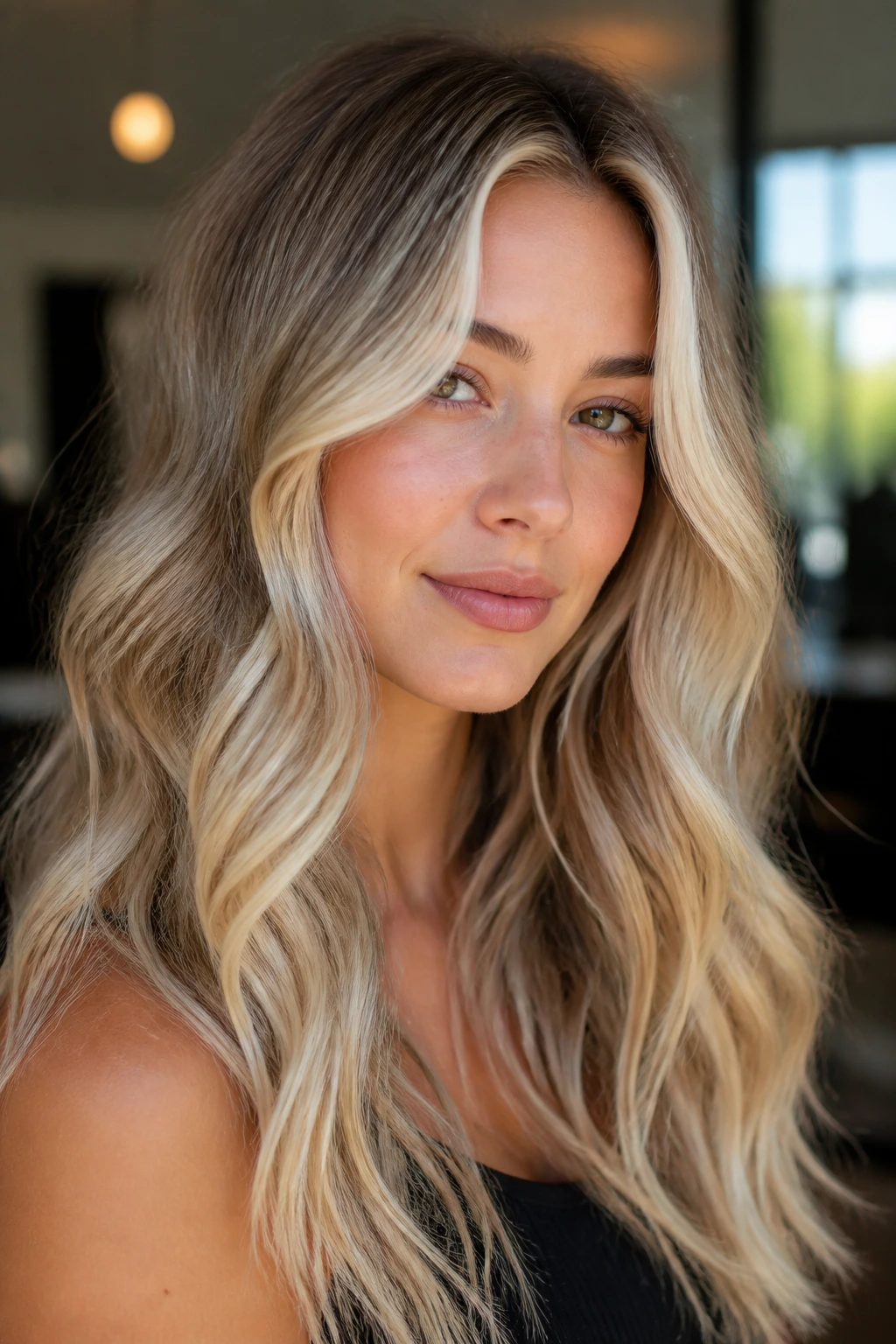 Close-up portrait showing blonde tone and placement with money piece and root shadow