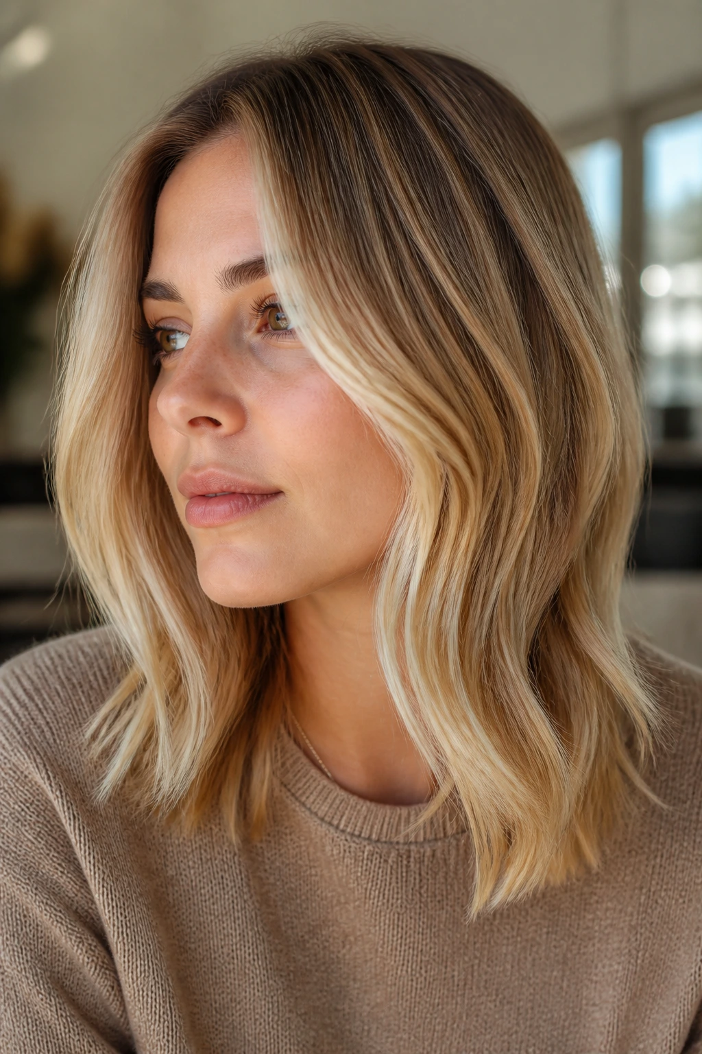 Portrait of a real woman showing blonde undertones on medium-length hair.