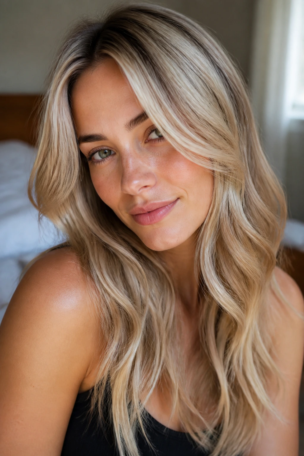 Close-up of real woman with multi-tonal blonde hair in various shades.