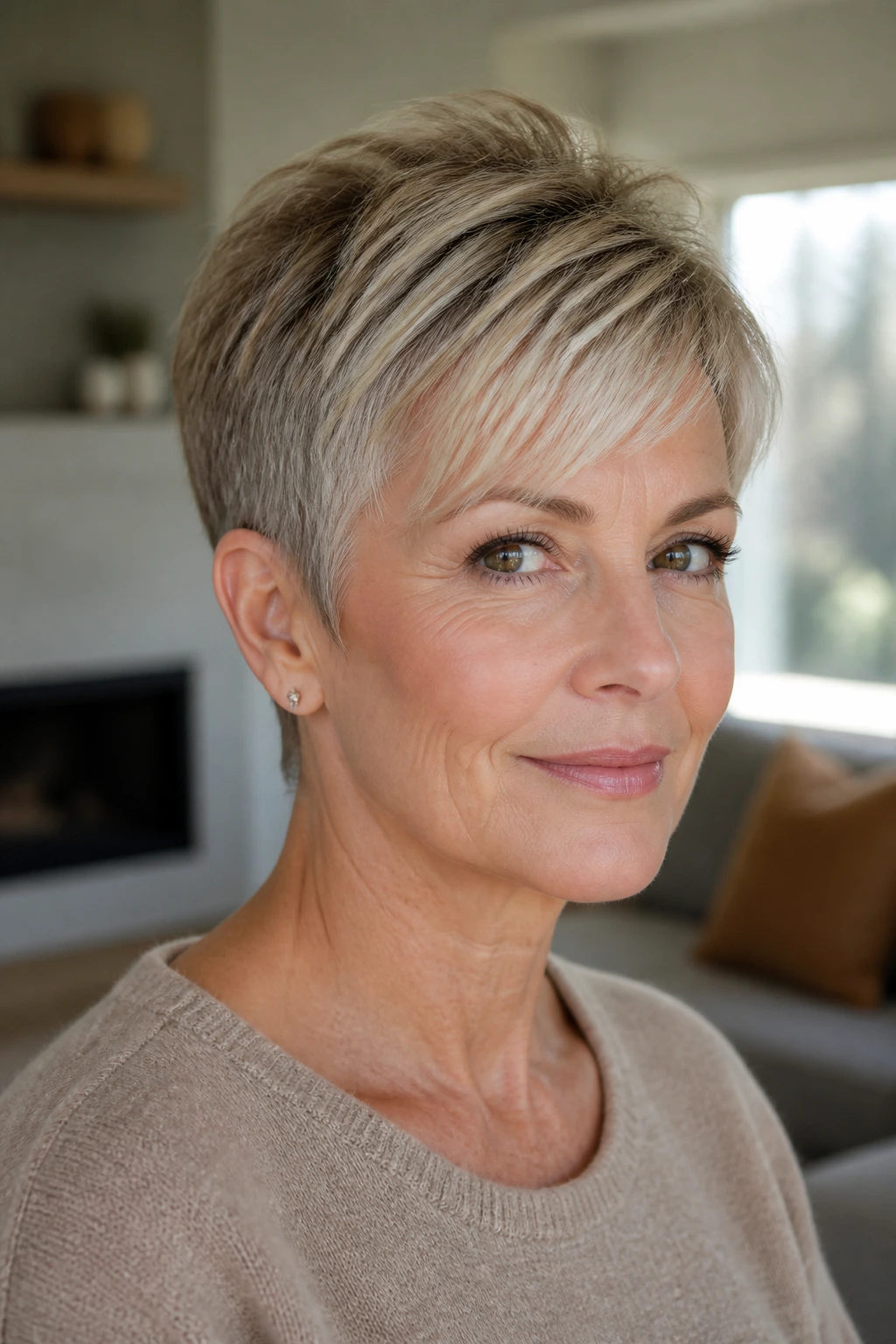 Close-up of a real woman with a short blonde cut showing warm, cool, and neutral tones with a subtle gray pattern.