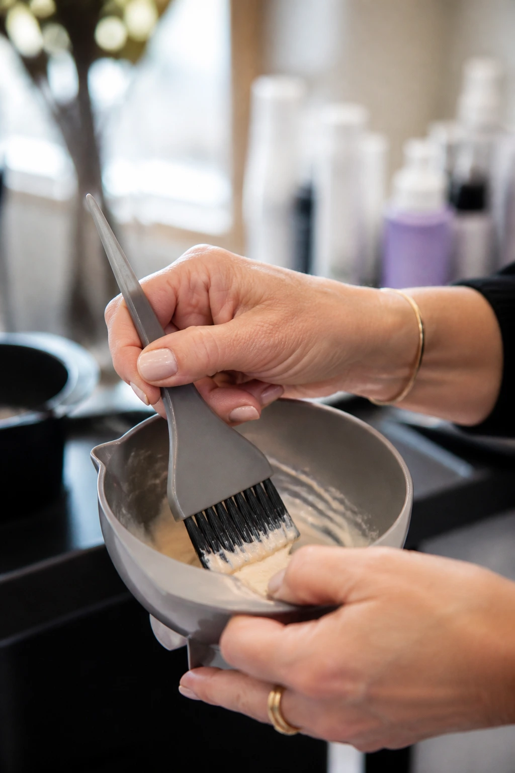 Close-up of hands with a tint brush and color bowl in a salon setting