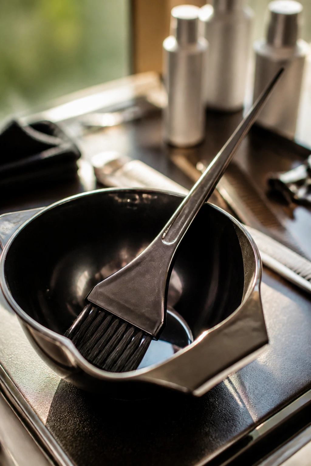 Close-up of a tint brush and mixing bowl on a salon station