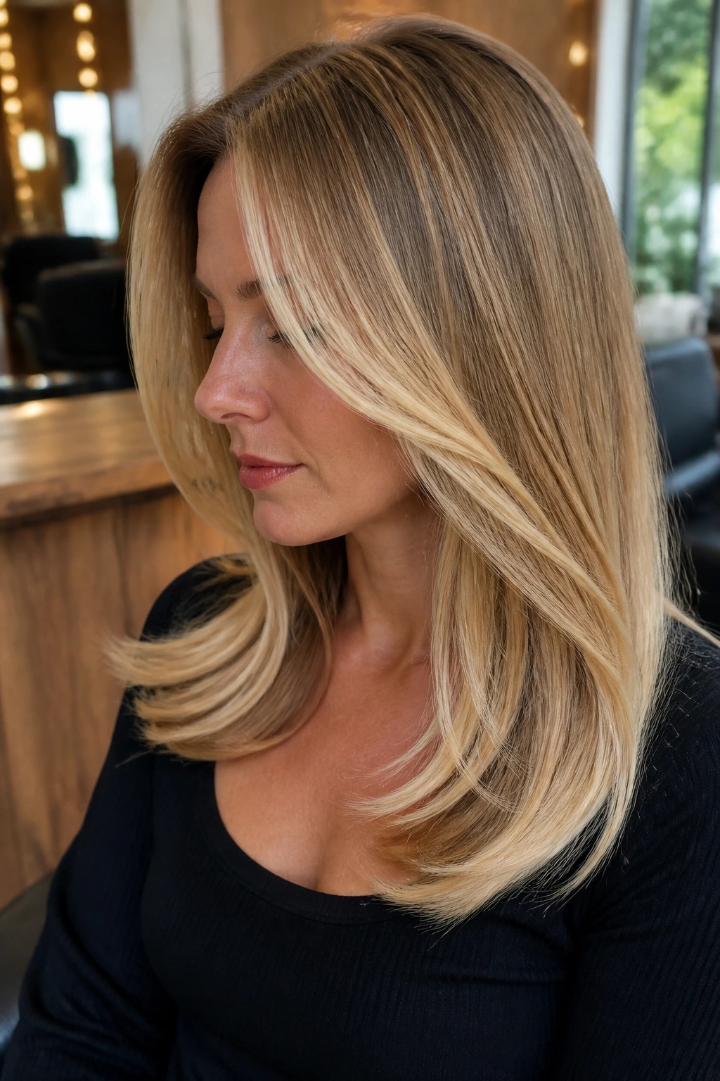 Close-up of a blonde woman showing hidden interior underlayers under a smooth top layer