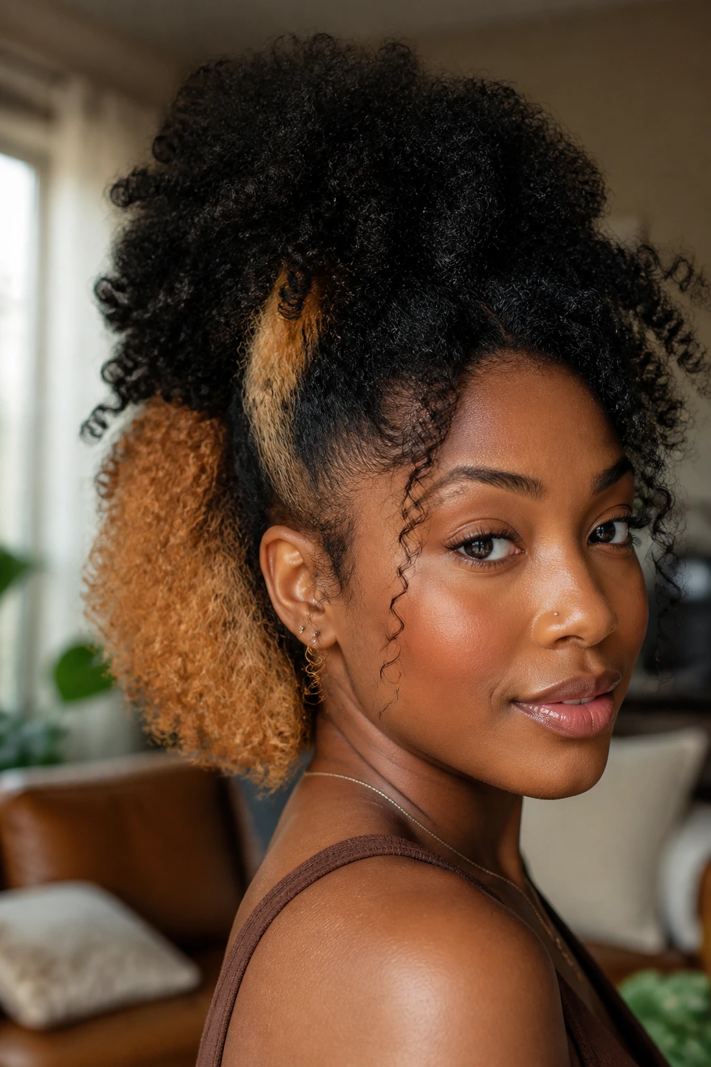 Close-up of a Black woman with a half-up fro showing blonde underlayers
