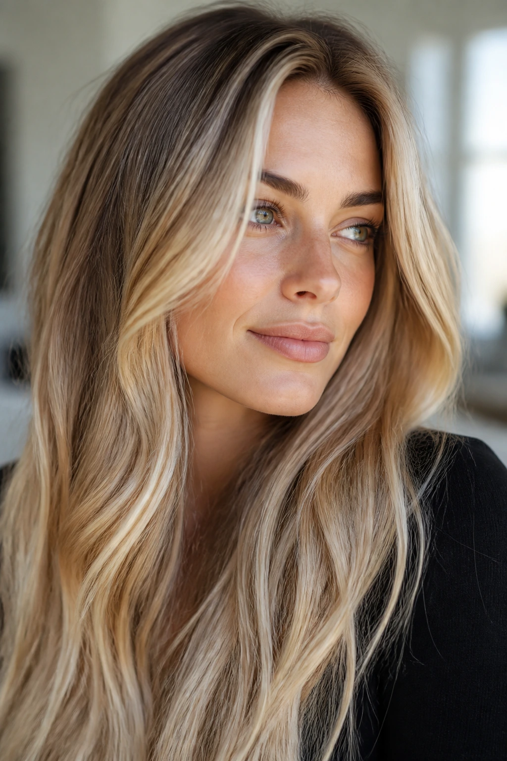 Close-up portrait of hair with beige, honey, and ice blonde undertones on a real person