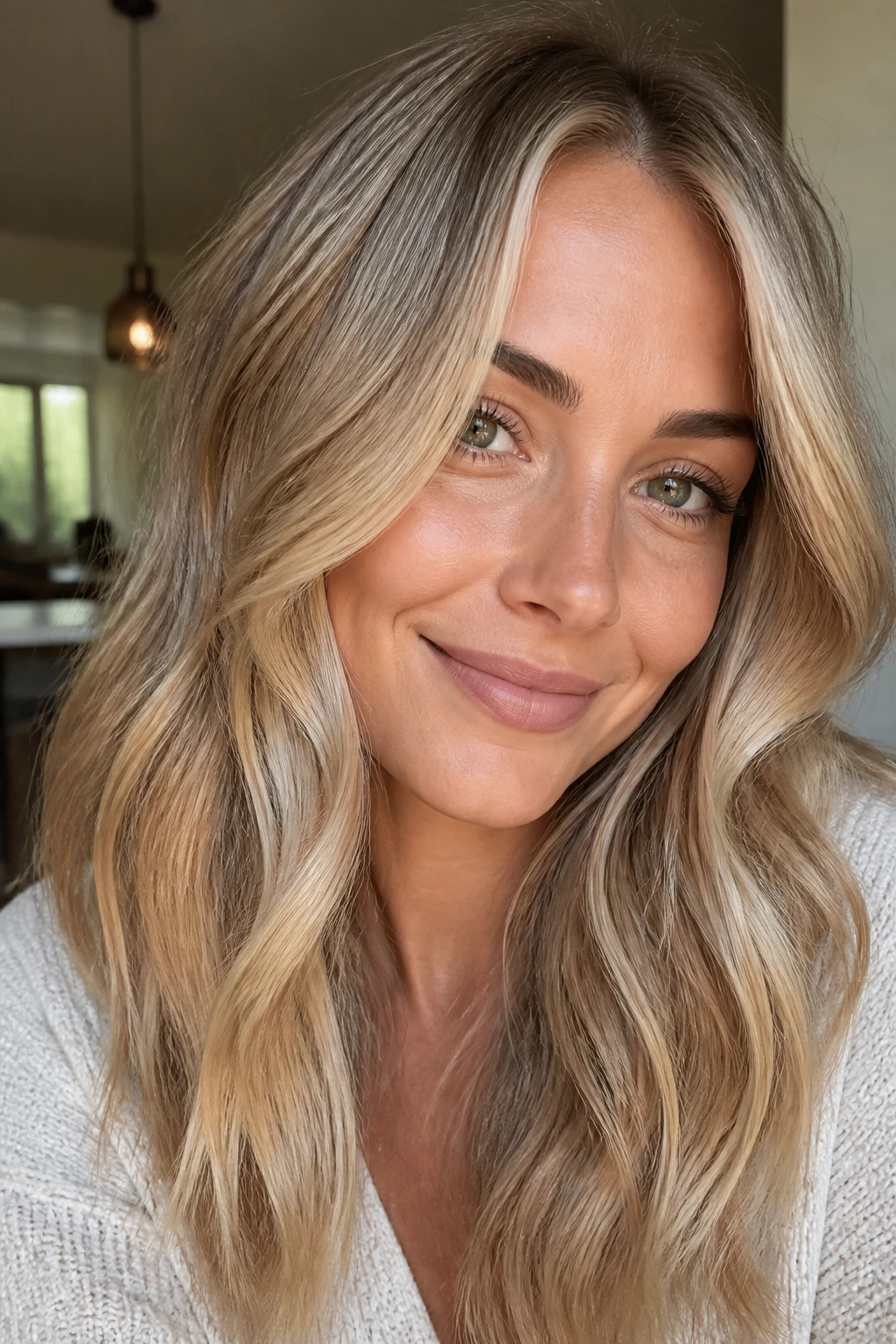 Close-up portrait of a real woman showing blonde undertones beige champagne ash honey around the face