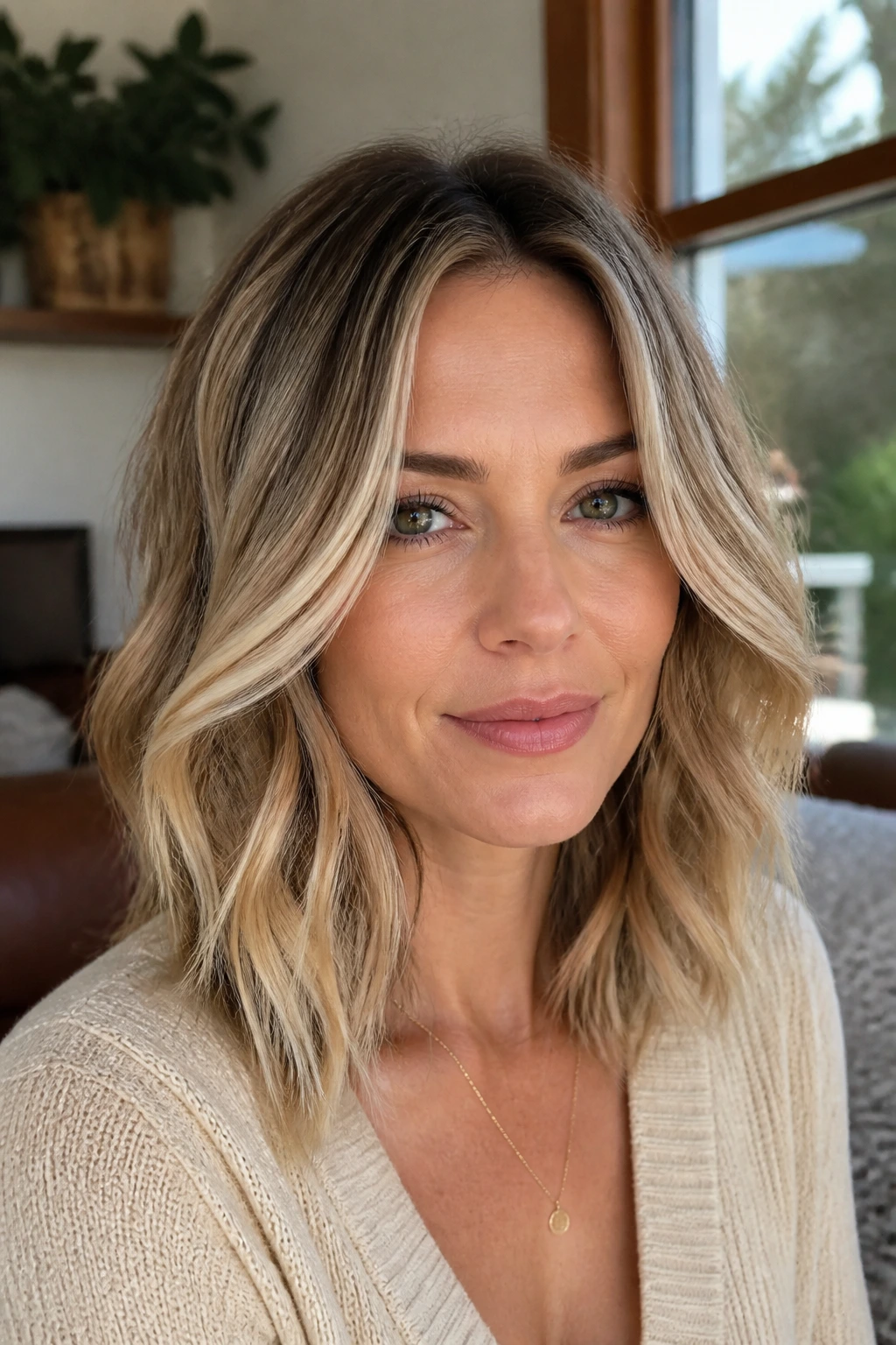 Medium close-up of shoulder-length blonde hair with face-framing highlights and soft lowlights in warm daylight.