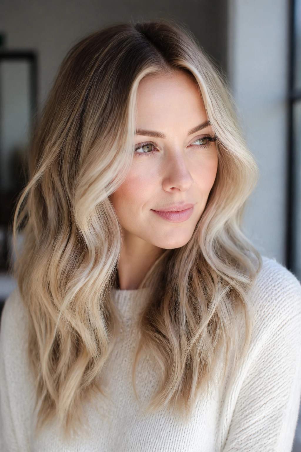Portrait of a woman with rooted shadow and babylights in cool blonde tones.