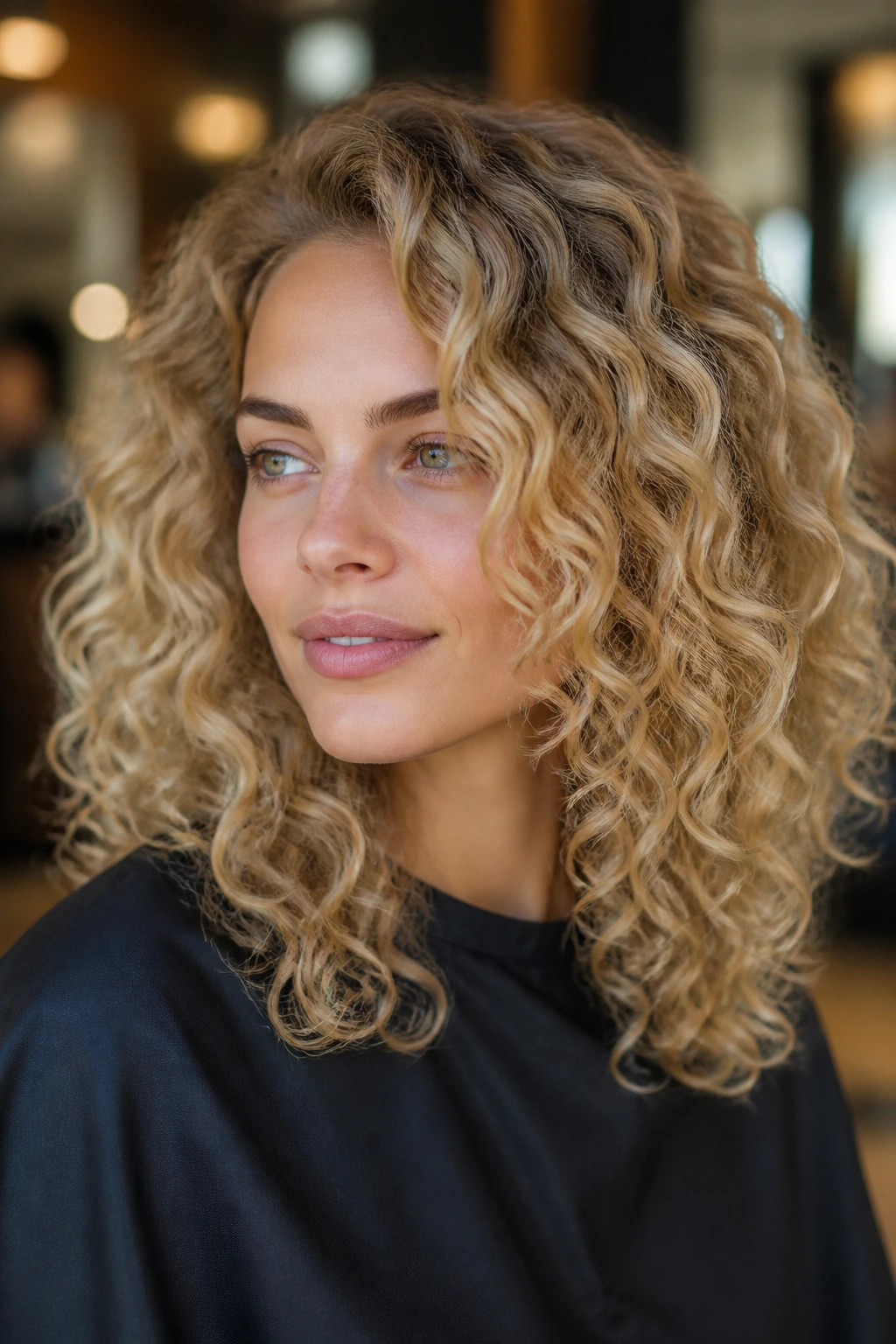 Portrait of a person with curly blonde dimension and root shadow.