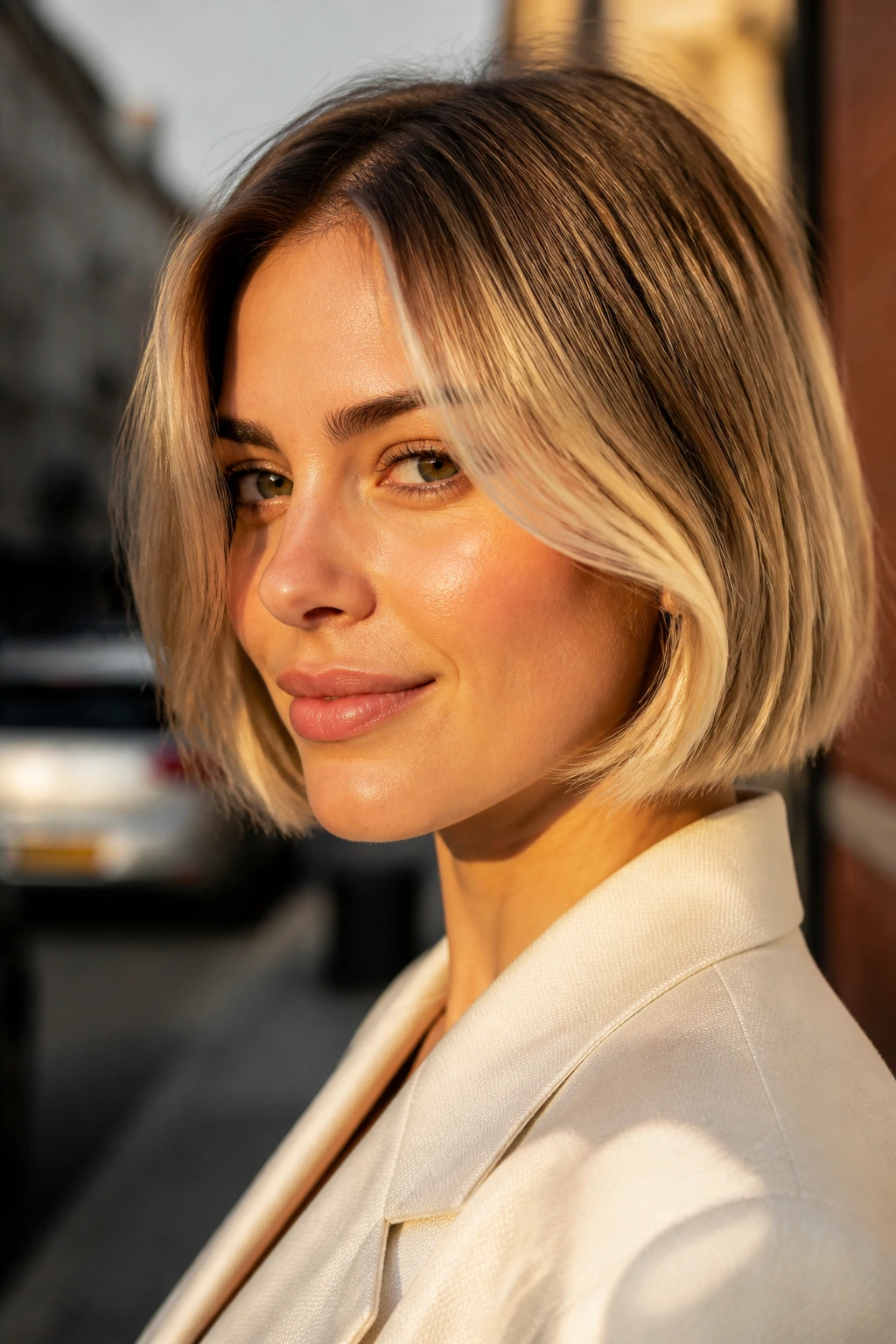 Woman with short blonde bob showing root melt and face-framing highlights