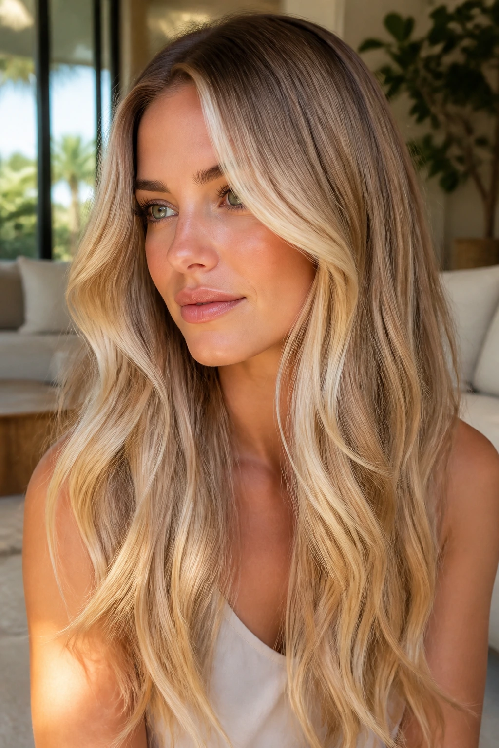 Close-up of a real woman with long blonde hair showcasing soft root melt and face-framing highlights in warm light