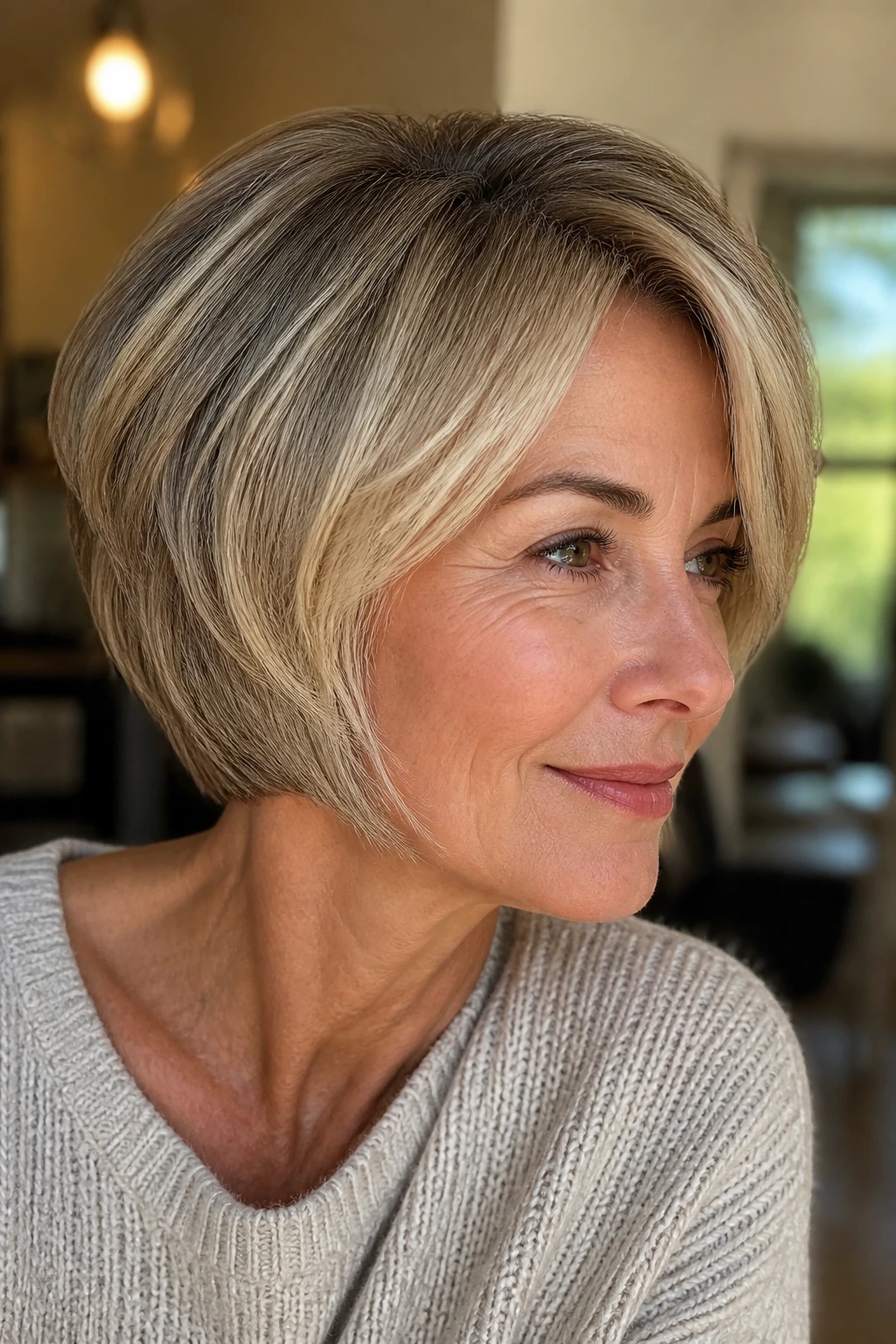 Close-up of short layered bob with subtle blonde variations.