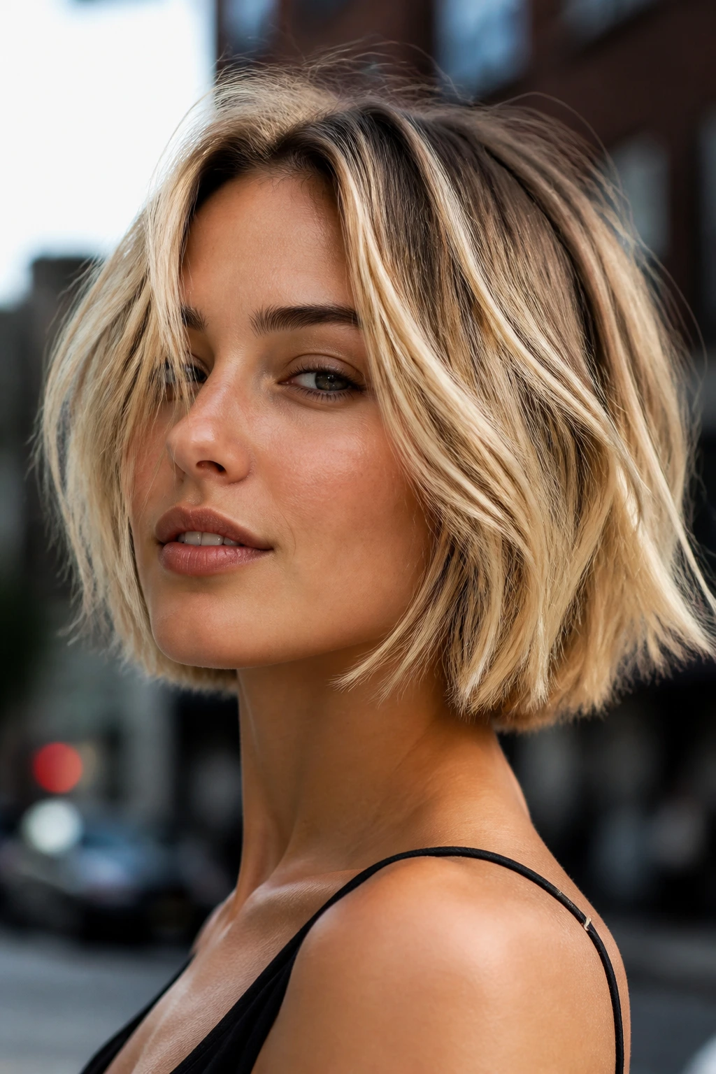 Portrait of a woman with blonde bob showing variation in color and texture