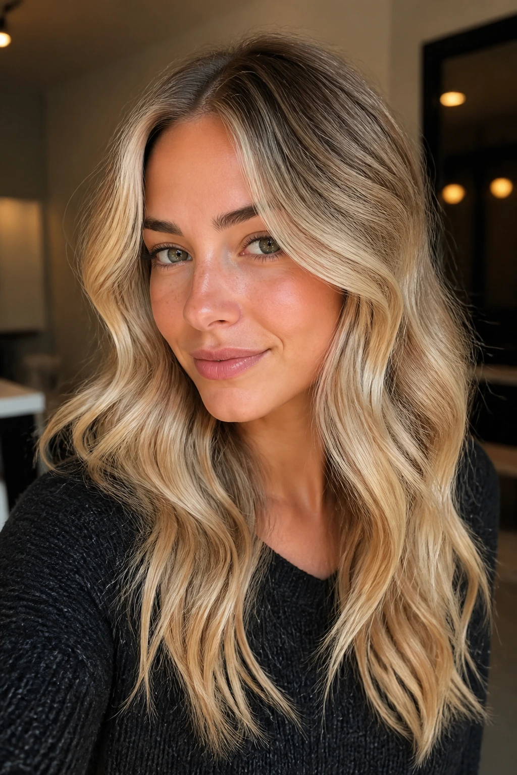 Close-up of a real woman with wavy blonde hair showing root melt and face-framing pieces.