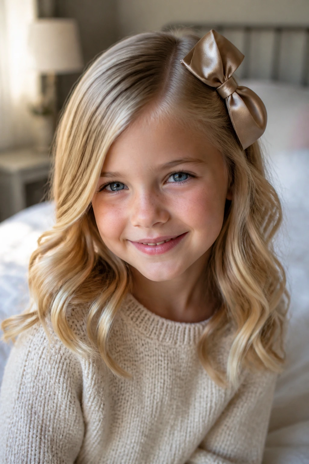 Blonde girl with soft side-part waves and satin bow in natural light