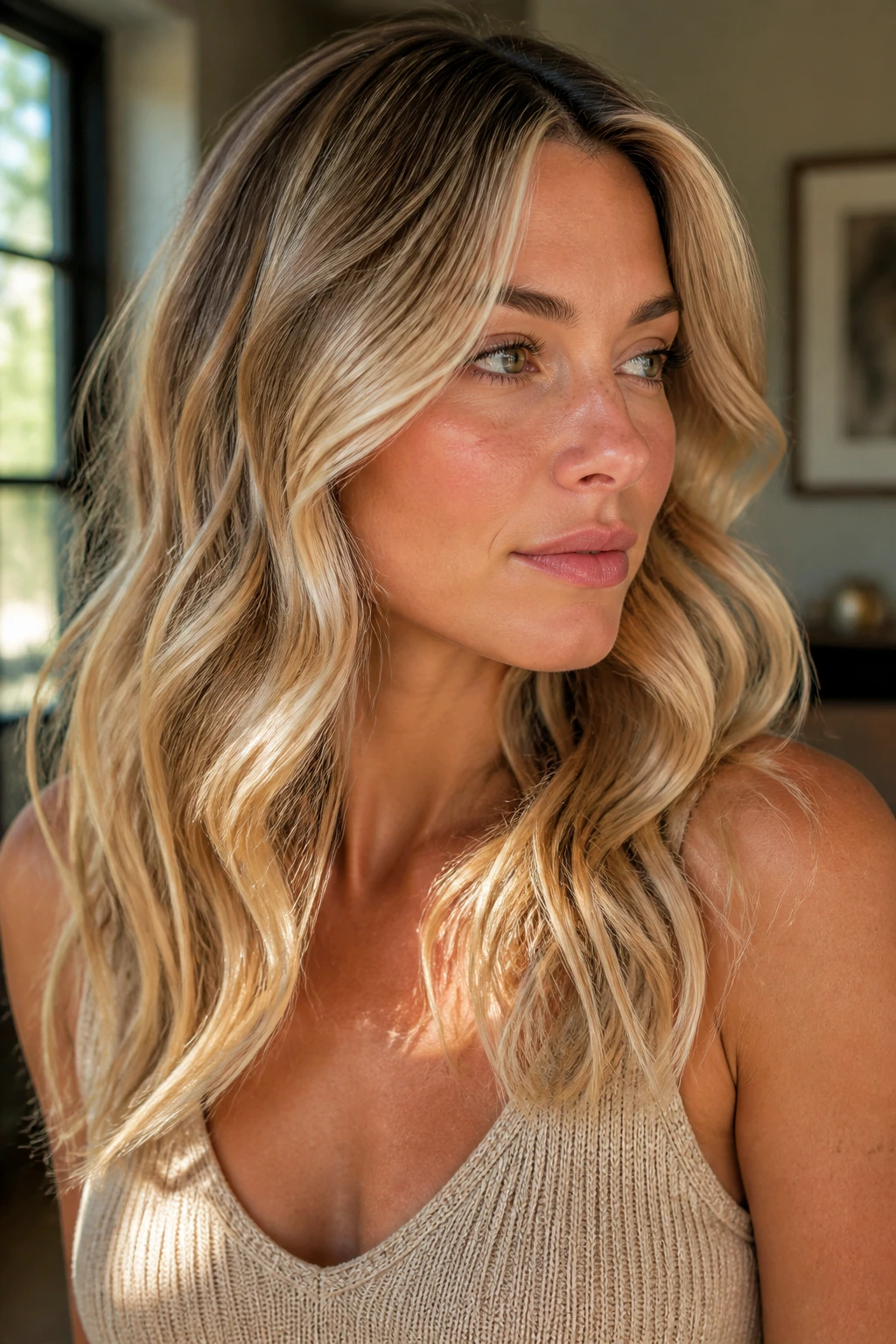 Close-up of a real woman with wavy blonde hair highlighting color placement around cheekbone and collarbone.