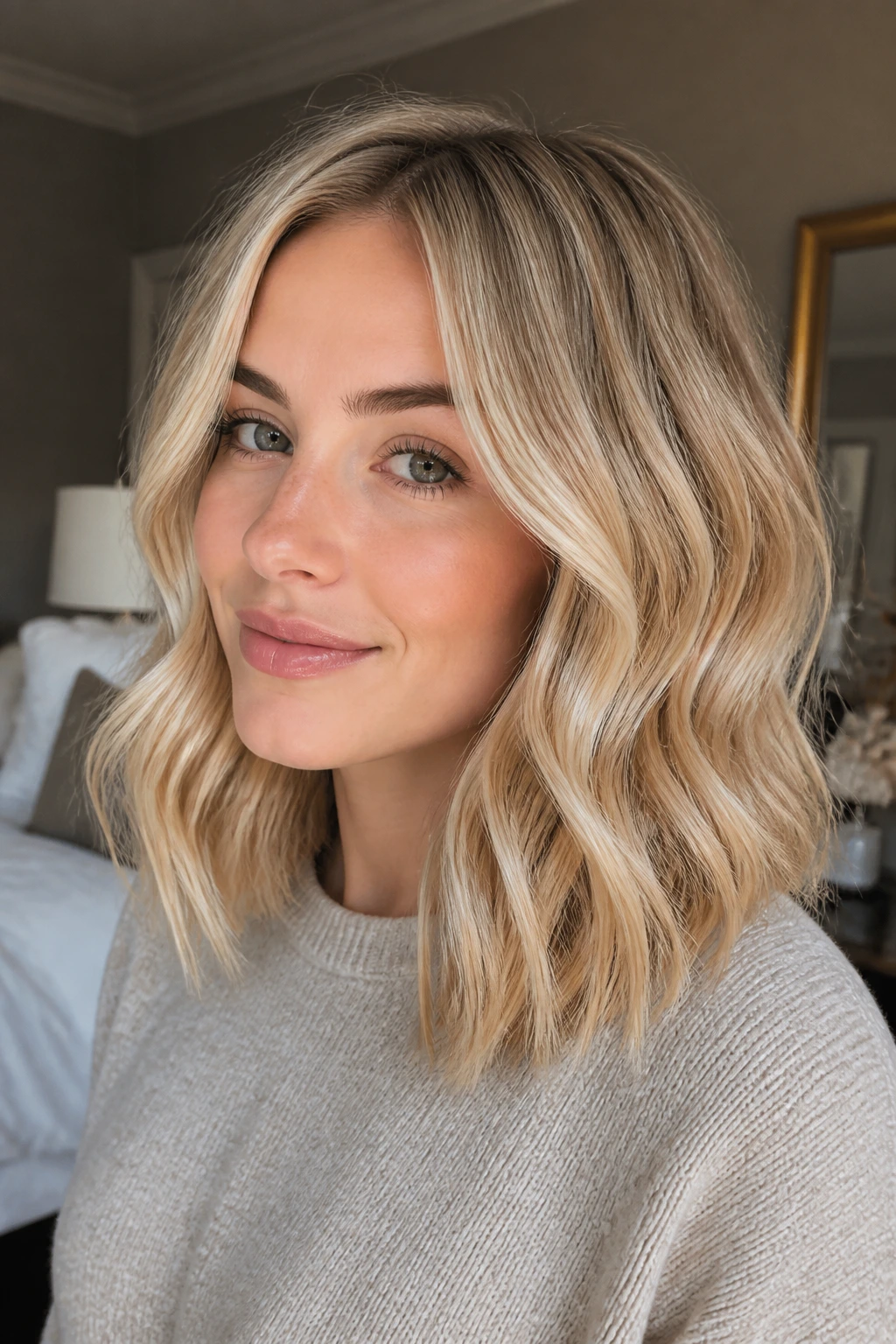 Close-up portrait of a real woman with medium-length wavy blonde hair and soft highlights in natural window light.