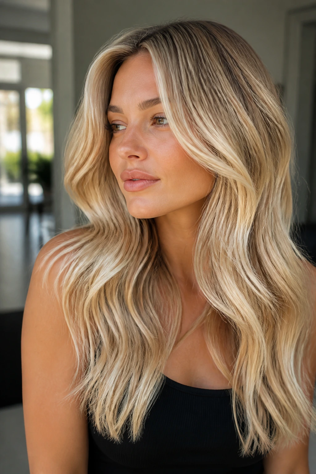 Portrait of a woman with long blonde waves showing color and movement
