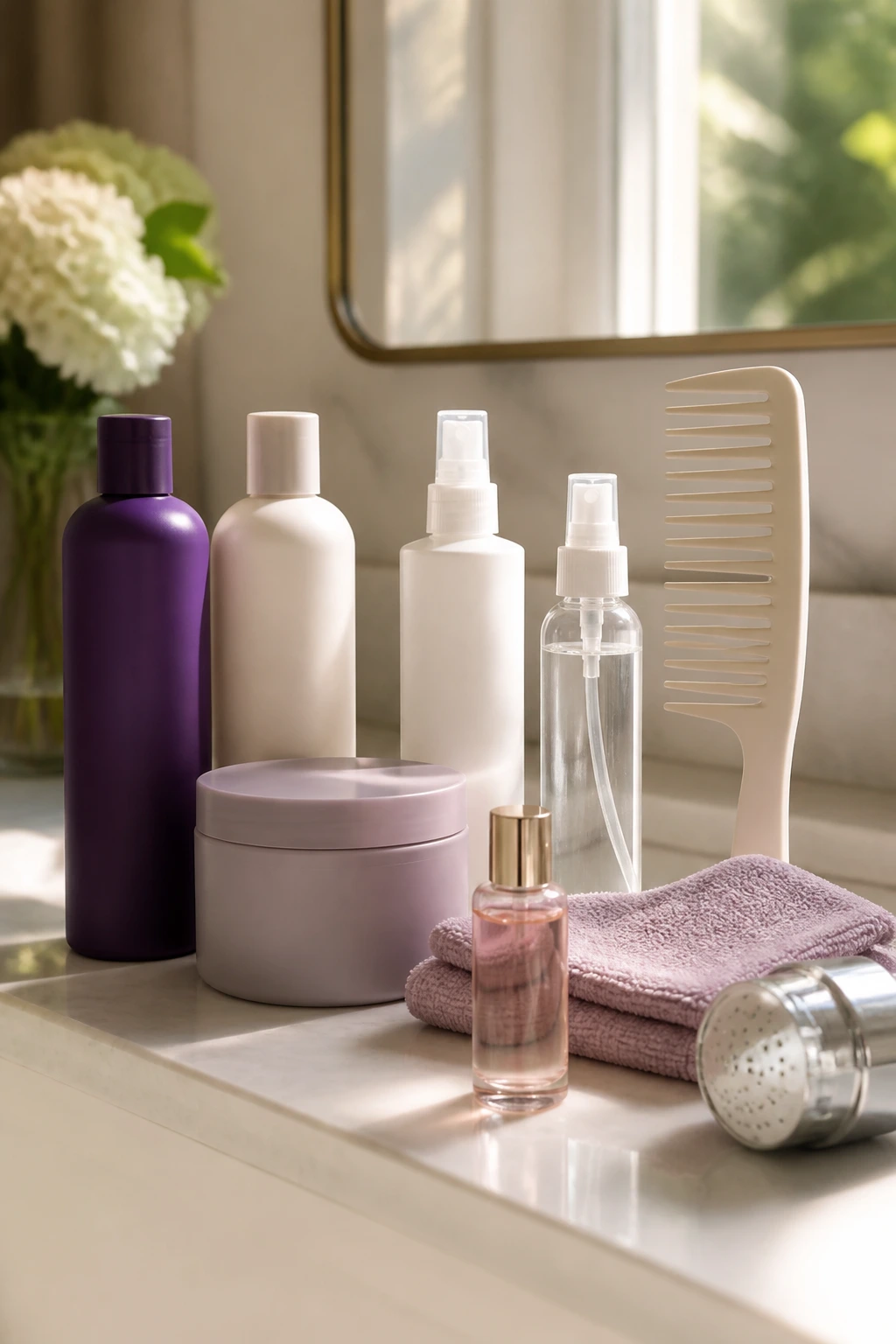 Close-up of unmarked blonding tools on a bathroom vanity, arranged neatly.